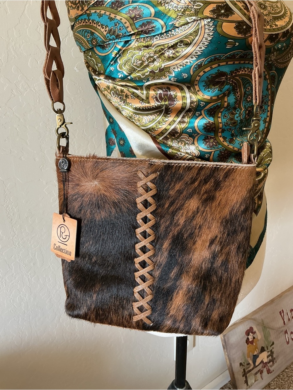 P & G COLLECTION Brown & Black Hair-on Hide shoulder Bag with Braided Trim